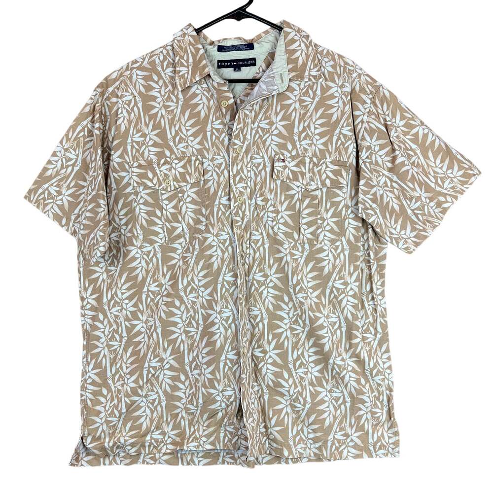 Tommy Hilfiger Mens Shirt Brown Bamboo Leaf Button Up Linen Cotton Blend XL